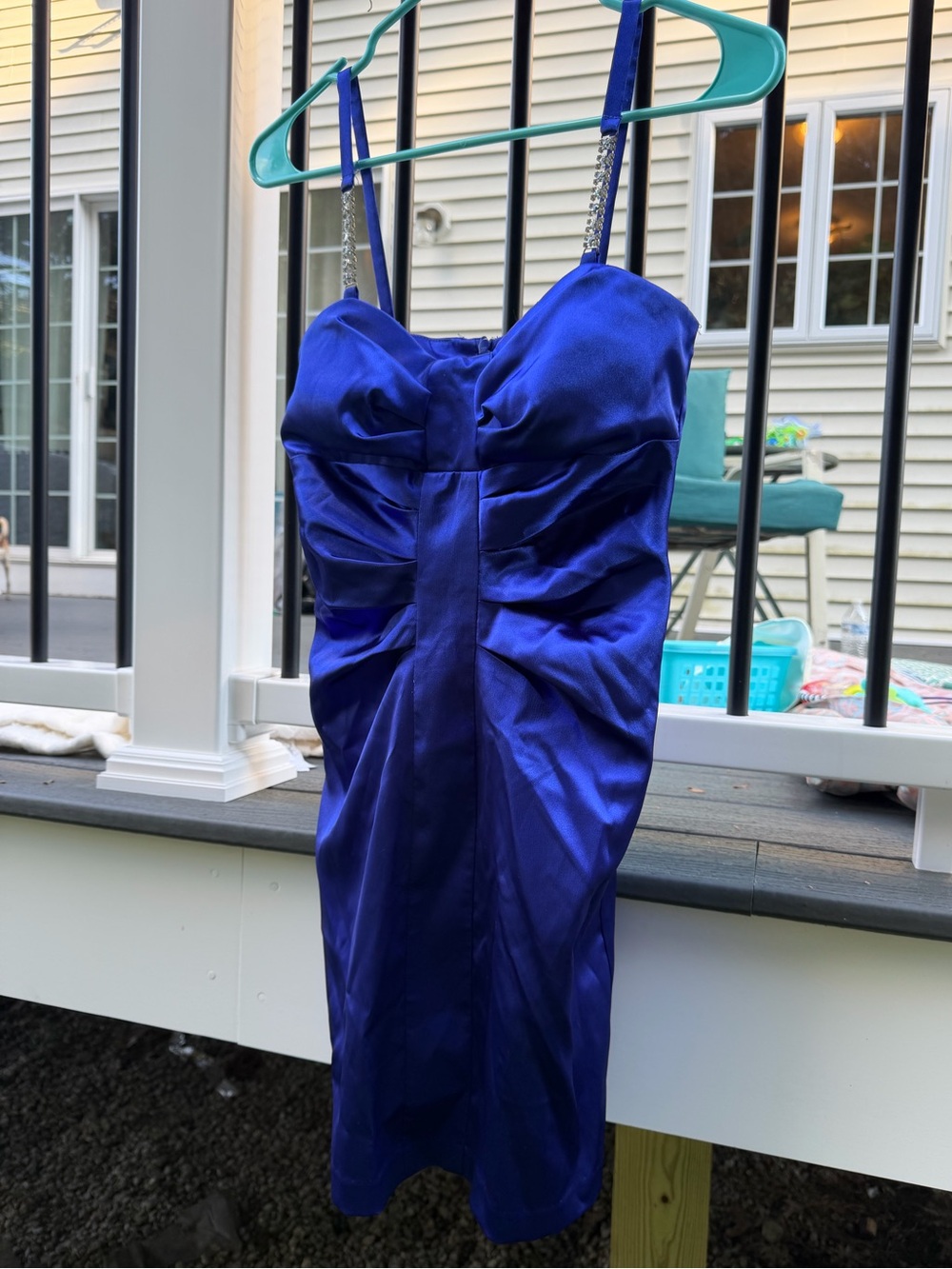Blue Satin Ruched Cocktail Dress with Embellished Straps